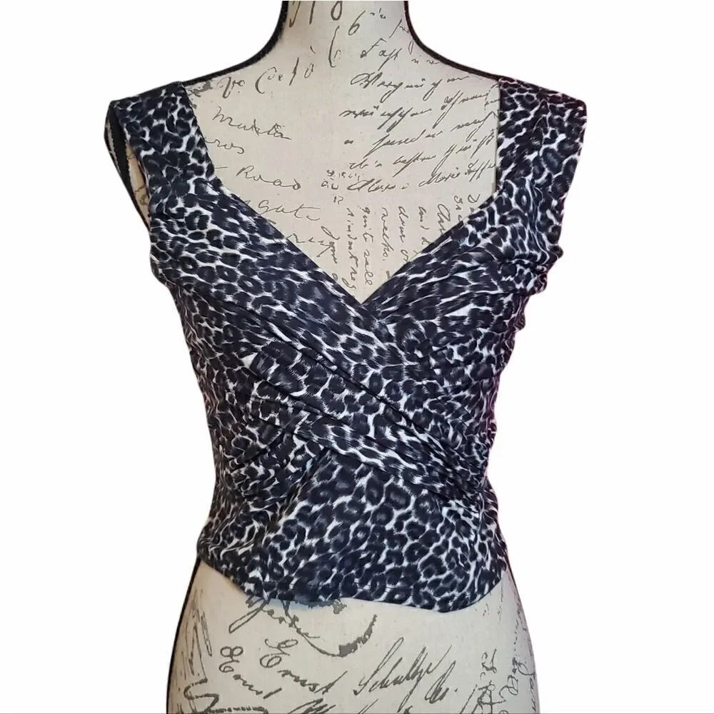 Socialite Ladies Black Leopard Faux Wrap Crop Top - Size Medium